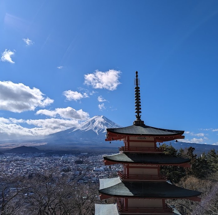 Arakurayama Sengen Park with the pagoda style temple and Mt. Fuji in the background