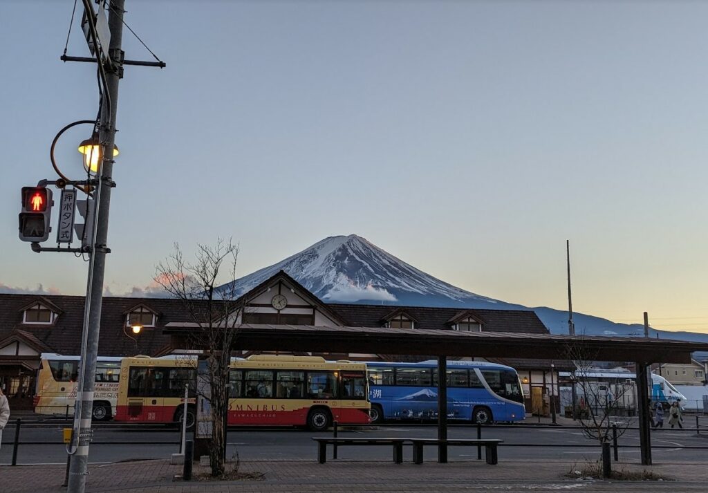 bus station with Mt Fuji in the background