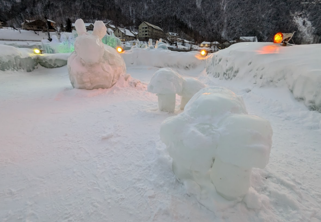 Rabbit and mushroom ice sculptures